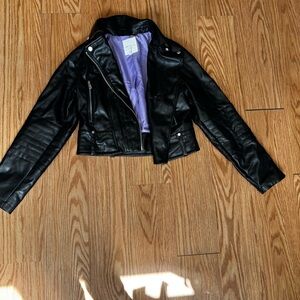 Avec Les Filles Black Leather Jacket with Purple Lining
